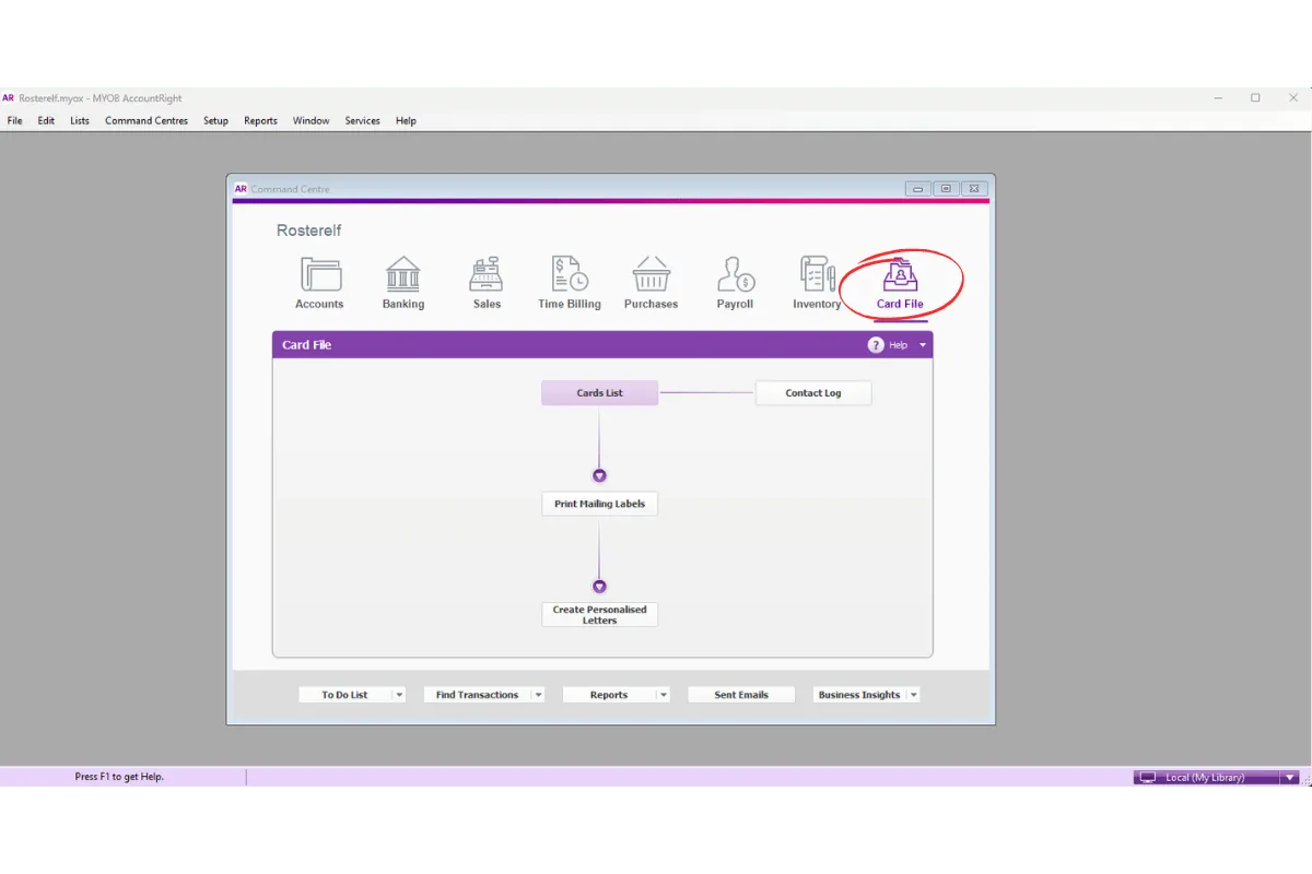 MYOB AccountRight Card File menu in the top navigation bar