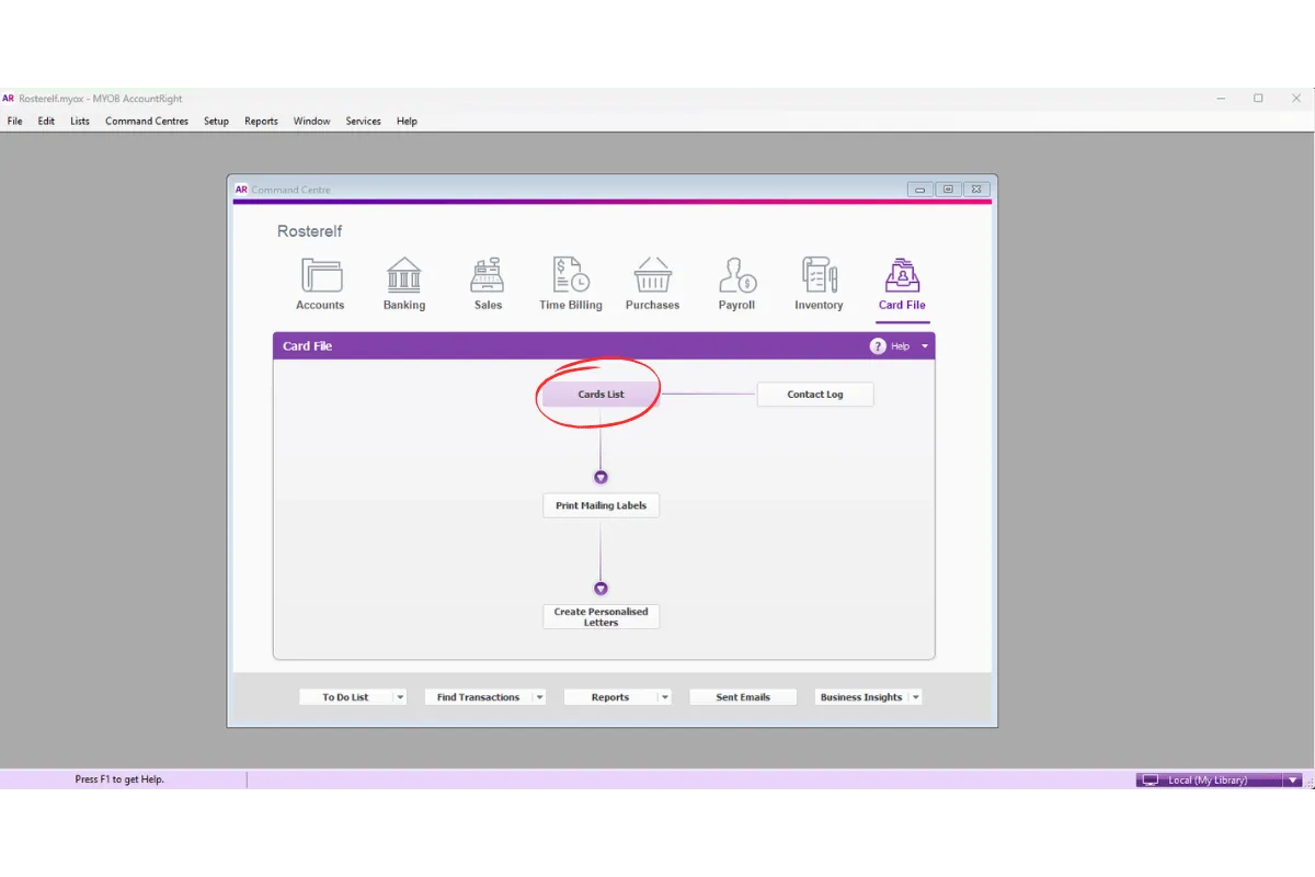MYOB AccountRight Card List option selected from the Card File menu