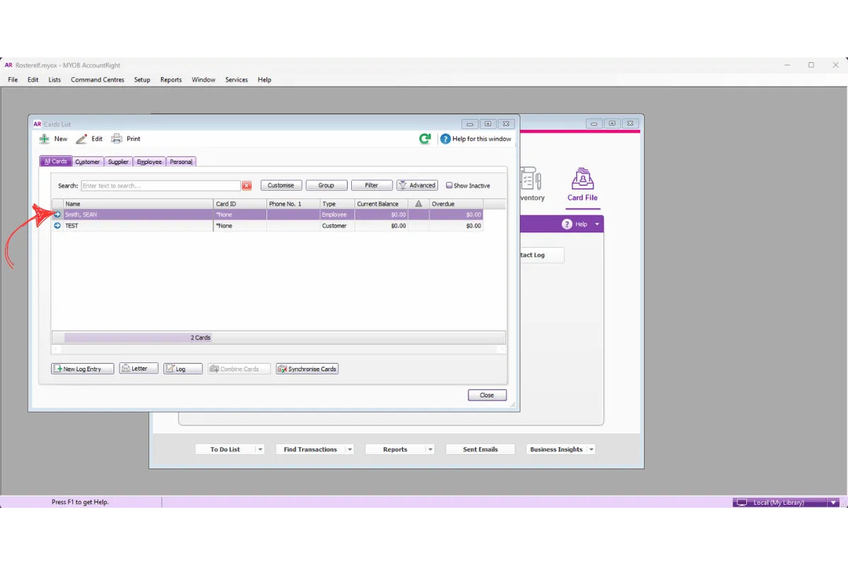 MYOB AccountRight Employee tab selected in the Card List