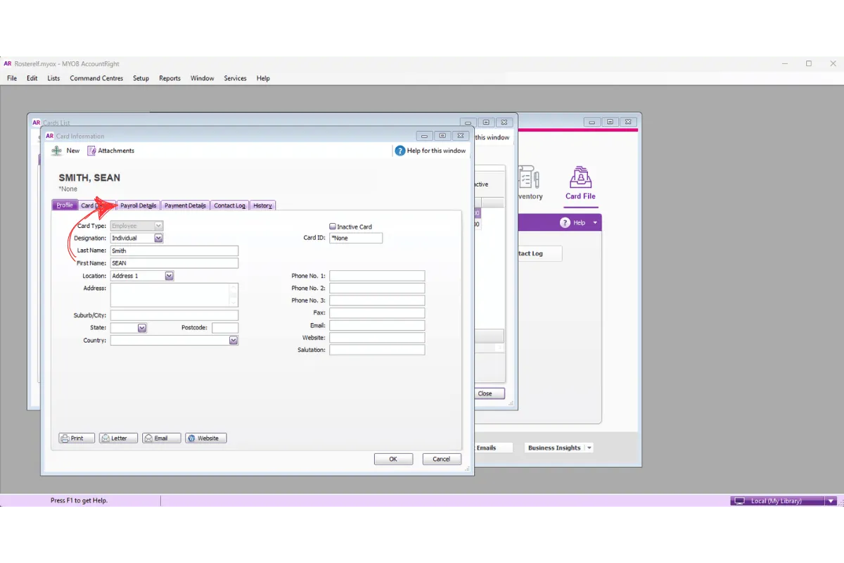 MYOB AccountRight employee profile with the Payroll Details tab highlighted