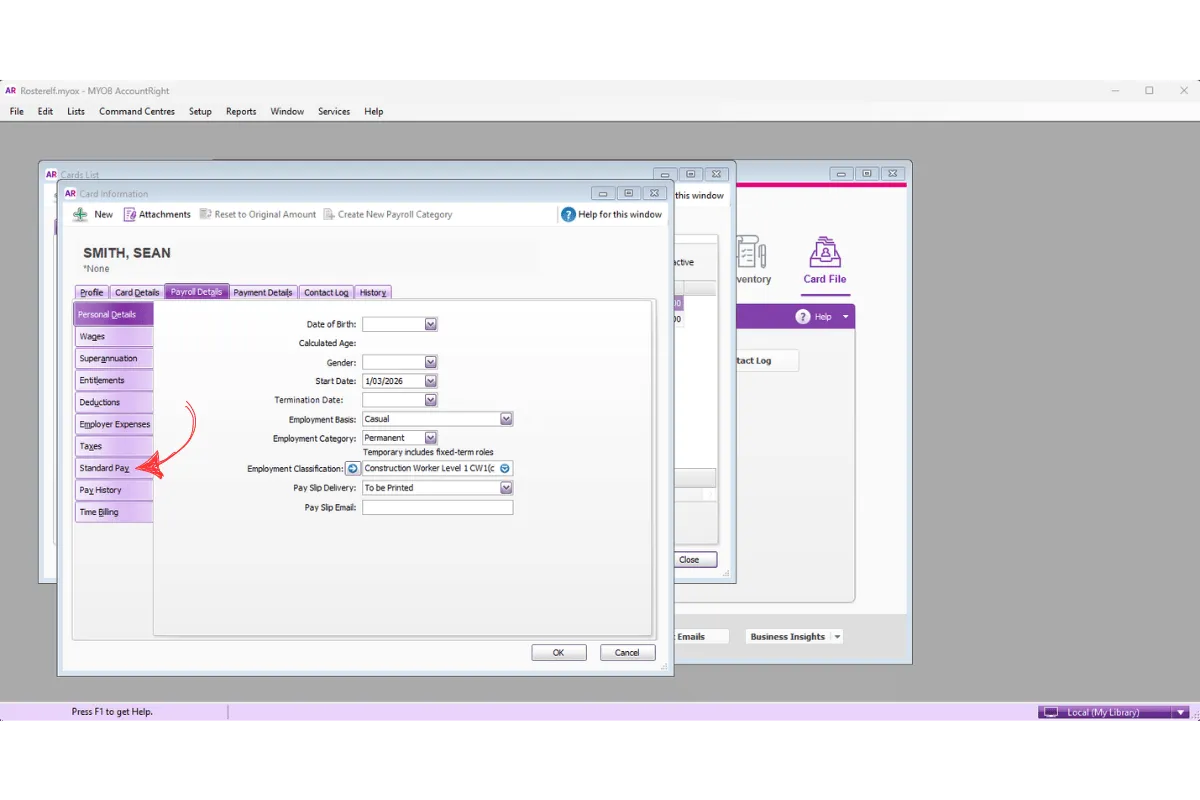 MYOB AccountRight Payroll Details with the Standard Pay section open