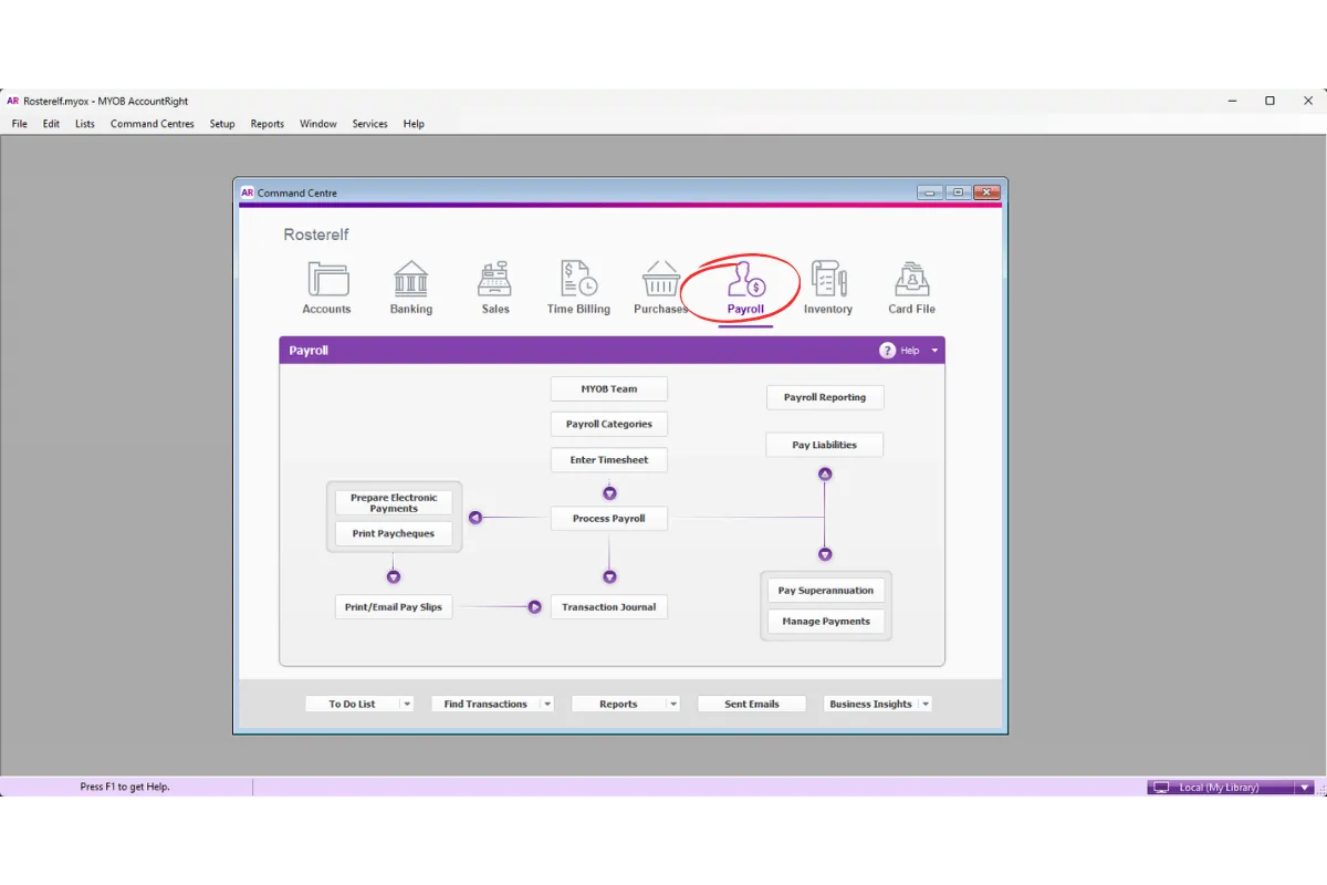 MYOB AccountRight Payroll menu in the top navigation bar