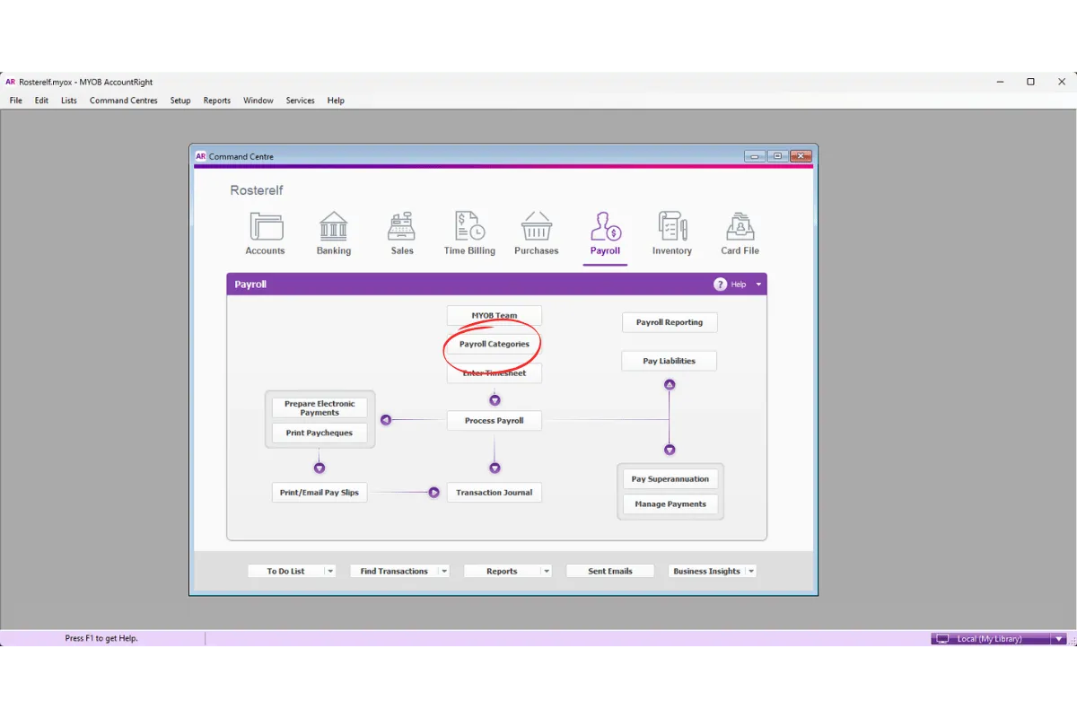 MYOB AccountRight Payroll Categories option in the Payroll menu