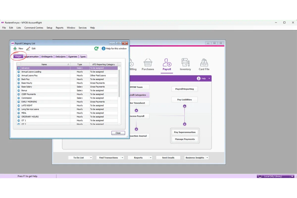 MYOB AccountRight Payroll Categories with the Wages tab selected