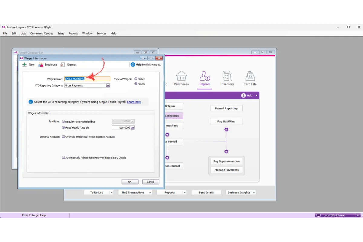 MYOB AccountRight Wages tab showing the list of payroll category names to verify against RosterElf