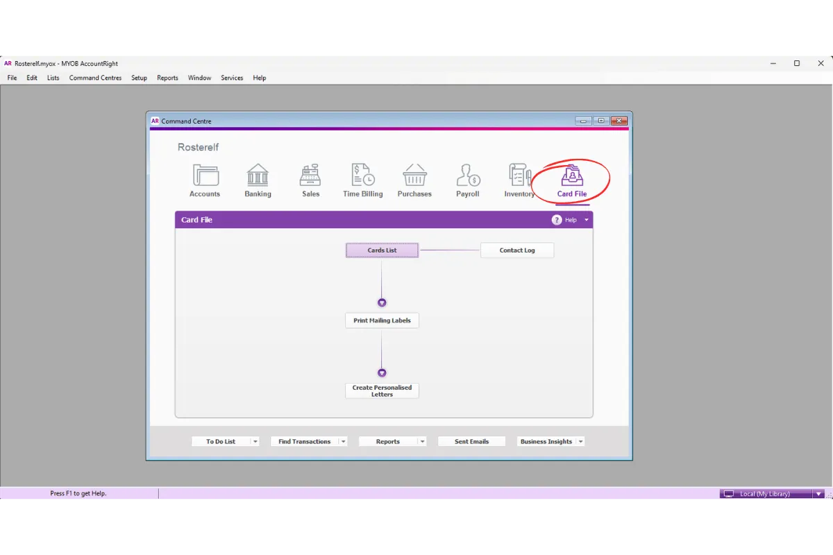 MYOB AccountRight Card File menu in the top navigation bar