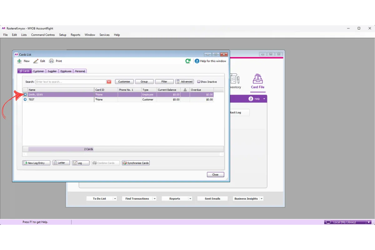 MYOB AccountRight employee profile selected from the Card List