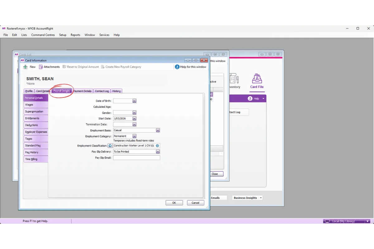MYOB AccountRight employee profile showing the Payroll Details tab