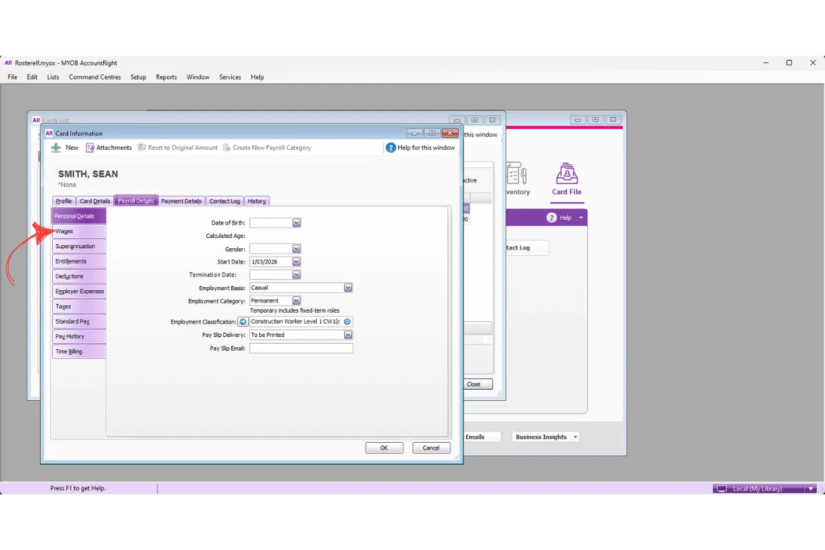 MYOB AccountRight Payroll Details with the Wages section open