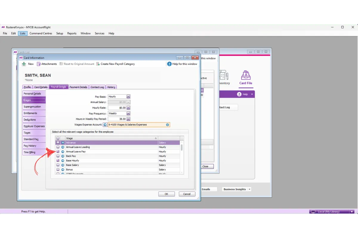 MYOB AccountRight Wages section showing payroll category checkboxes for the employee