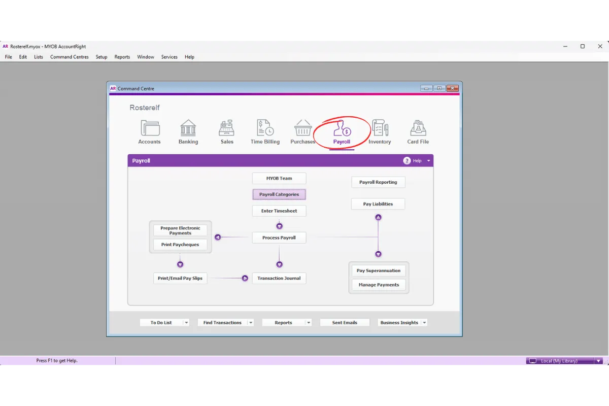 MYOB AccountRight Payroll menu in the top navigation bar