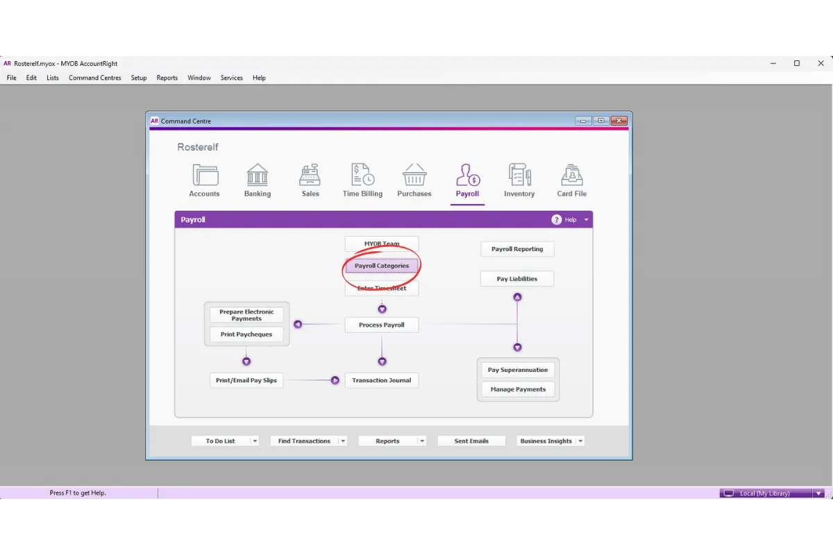 MYOB AccountRight Payroll Categories option in the Payroll menu