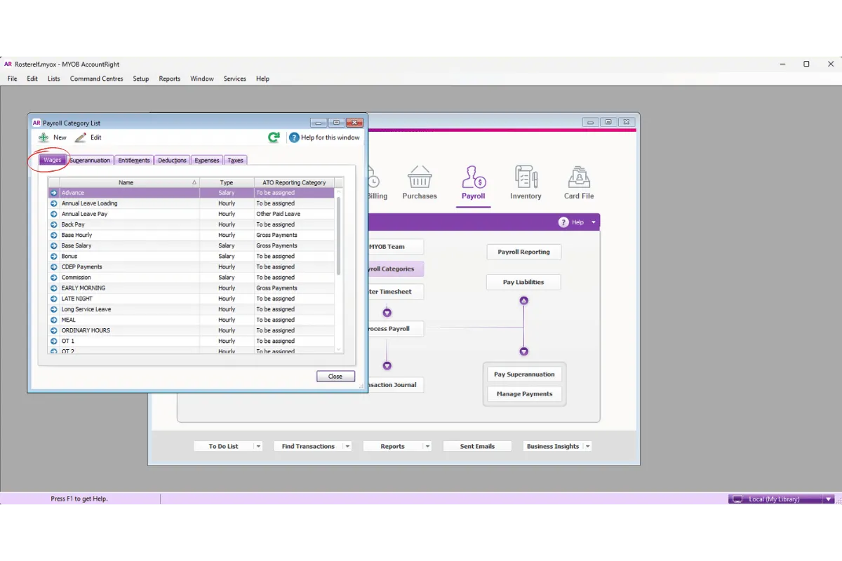 MYOB AccountRight Payroll Categories with the Wages tab selected