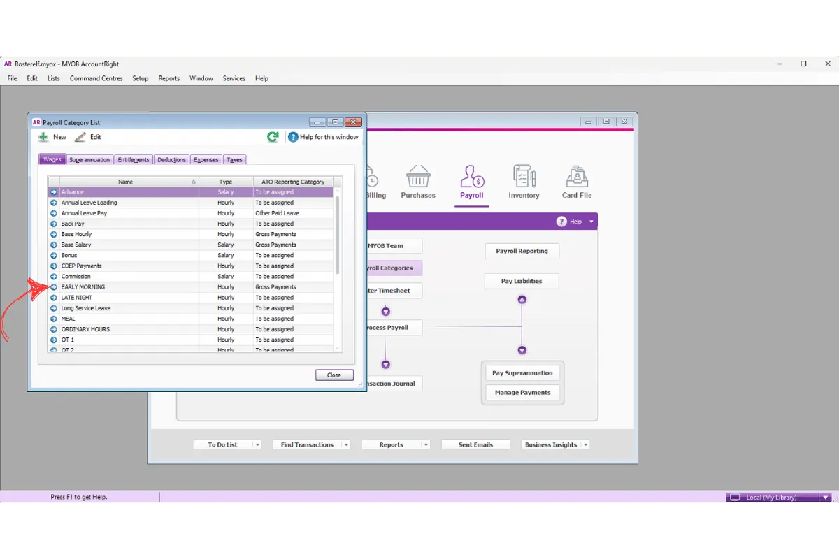 MYOB AccountRight payroll category detail page showing category settings