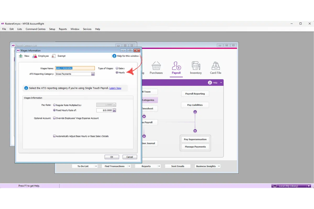 MYOB AccountRight payroll category type field set to Hourly