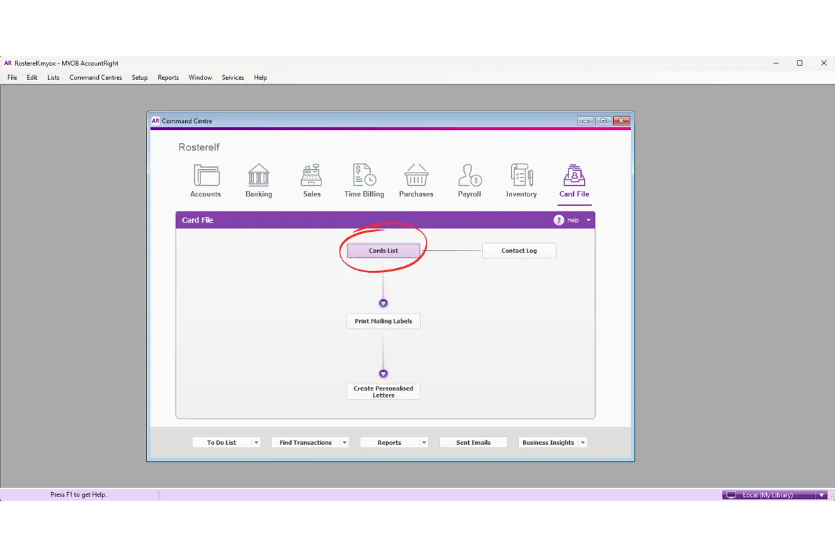 MYOB AccountRight Card List option in the Card File menu