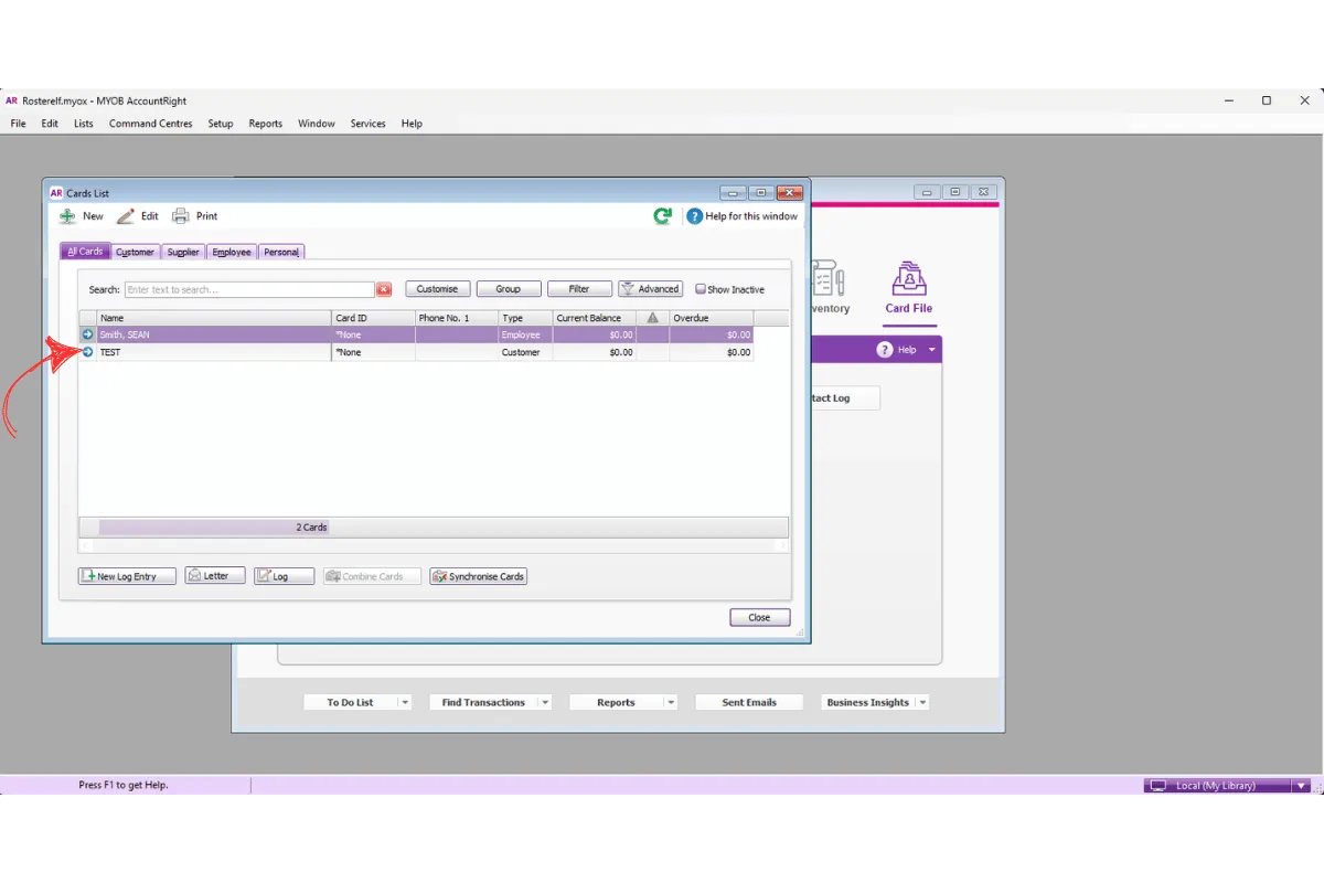 MYOB AccountRight Employee tab selected in the Card List