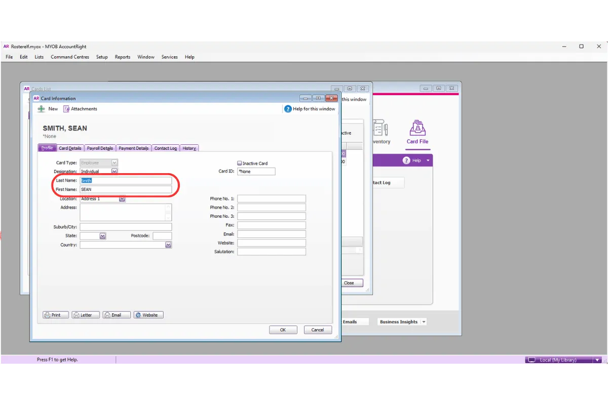 MYOB AccountRight employee name field showing the exact name to verify against RosterElf