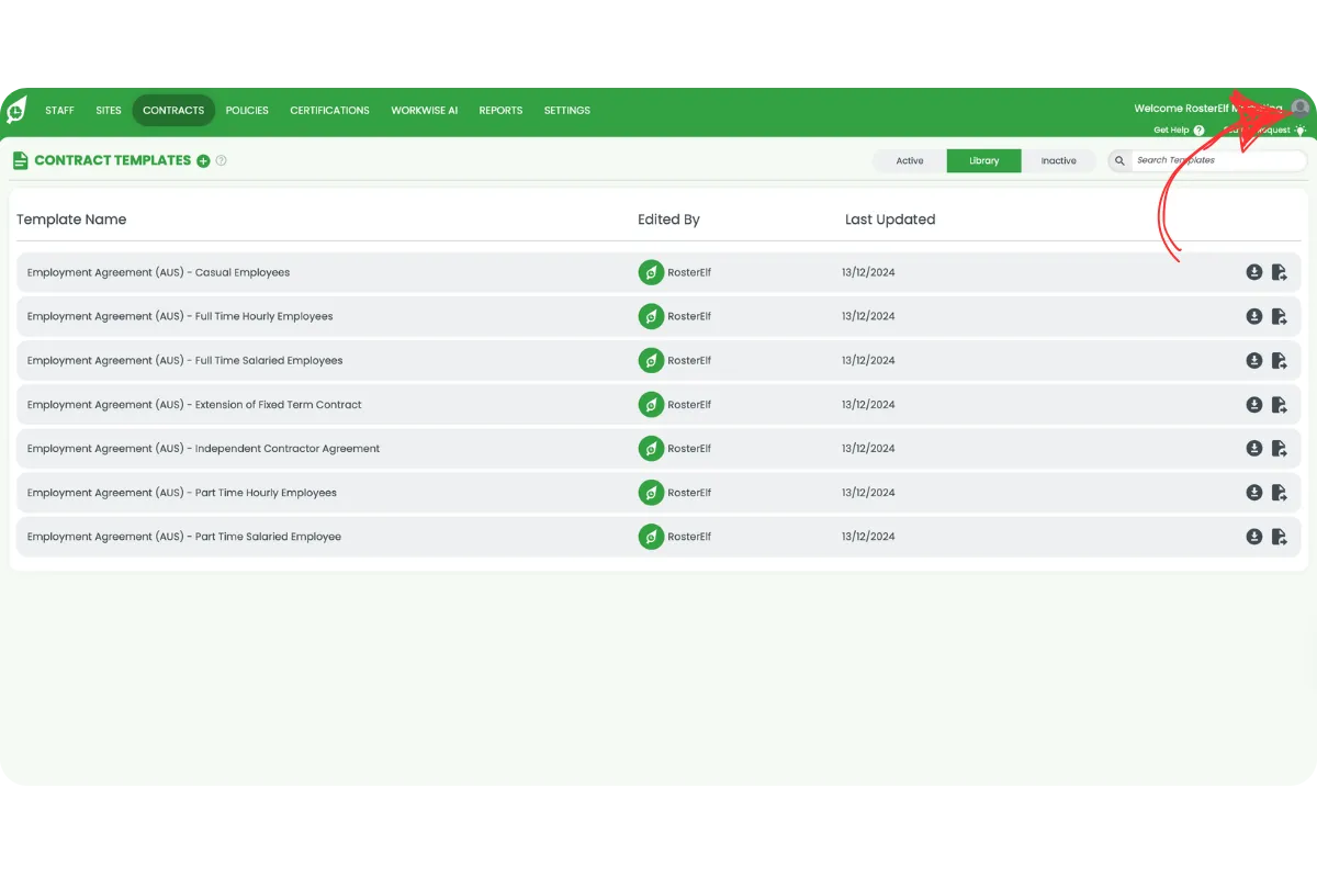 RosterElf dashboard with a red arrow pointing to the profile icon in the top right corner to access account and subscription settings
