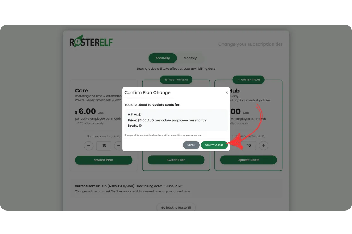 RosterElf Confirm Plan Change dialog showing a scheduled annual seat count reduction for HR Hub at $3 AUD per active employee per month with 10 seats. The yellow Schedule Downgrade button is highlighted, indicating the change takes effect at the next billing date.