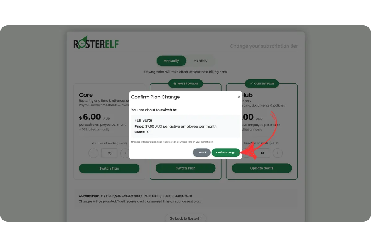 RosterElf Confirm Plan Change dialog showing the annual subscription being upgraded to Full Suite at $7 AUD per active employee per month with 10 seats, with a green Confirm Change button highlighted