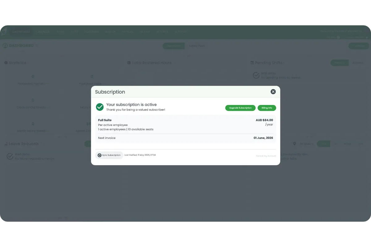 RosterElf Subscription modal confirming the active Full Suite annual plan at AUD $84 per year with 10 seats included