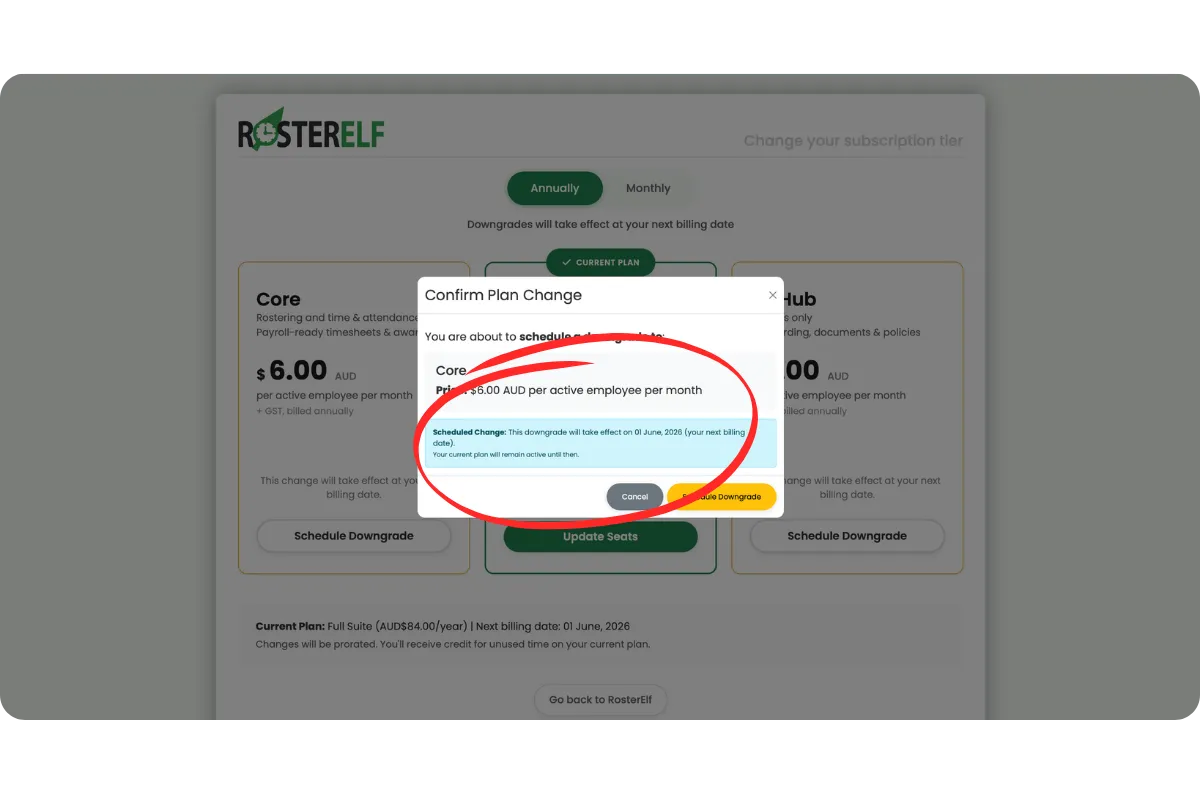 RosterElf Confirm Plan Change dialog with a red circle highlighting the blue Scheduled Change notice, which displays the exact future billing date when the annual plan downgrade will take effect