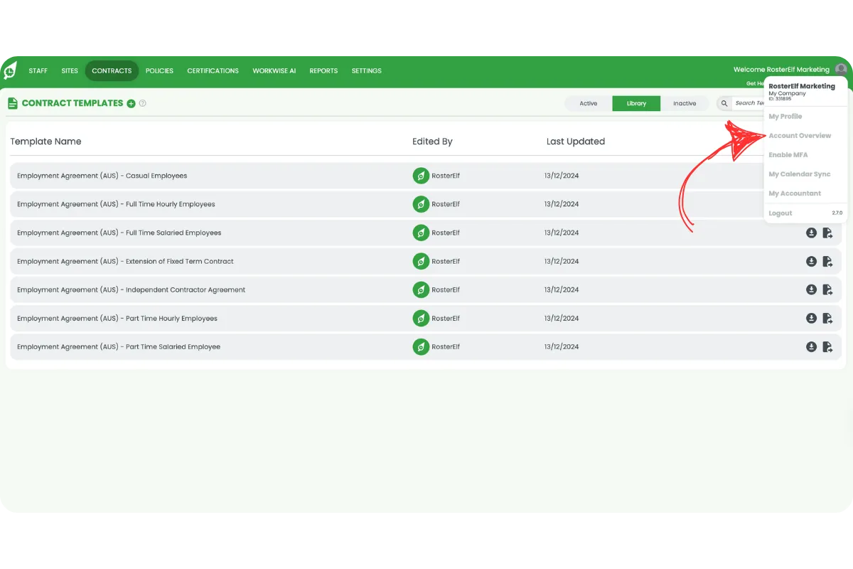 RosterElf user dropdown menu open showing Account Overview and other options, with a red arrow pointing to Account Overview to access subscription settings