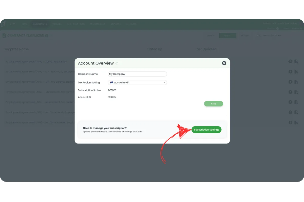 RosterElf Account Overview modal showing company name and current subscription status, with a red arrow pointing to the Subscription Settings button to manage the monthly plan
