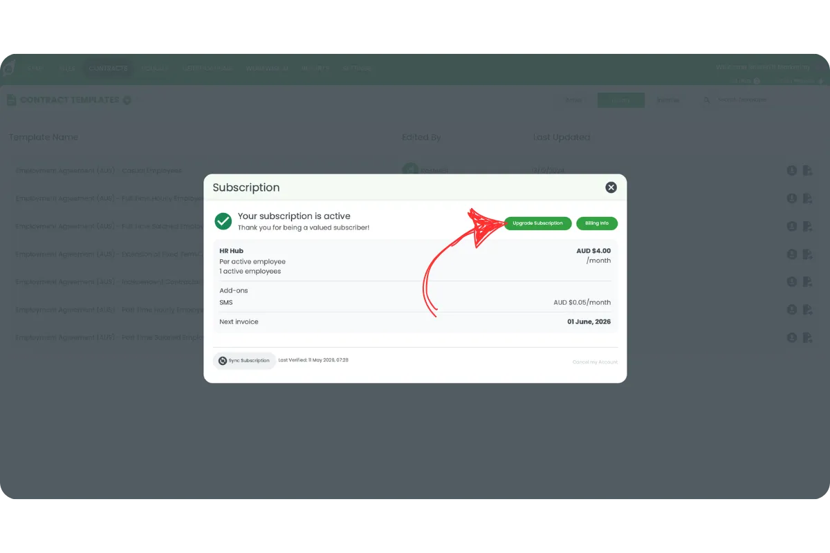 RosterElf Subscription modal showing the active monthly plan with next invoice date, and a red arrow pointing to the Upgrade Subscription button to change the plan