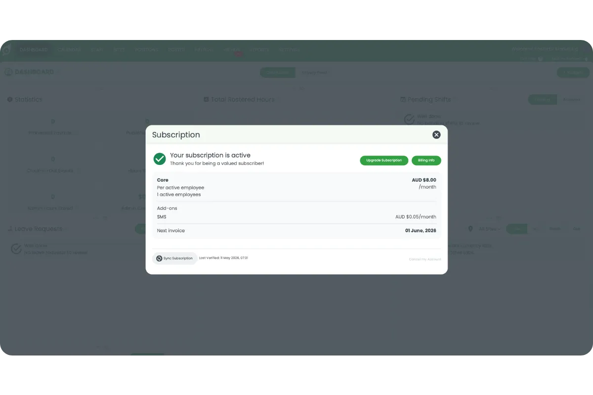 RosterElf Subscription modal confirming the monthly plan has been successfully downgraded to Core at AUD $8 per active employee per month