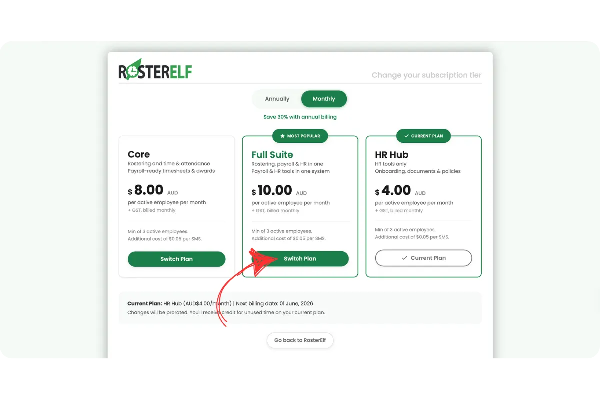 RosterElf change subscription tier page with Monthly tab selected, showing Core, Full Suite, and HR Hub monthly plan options. HR Hub is the current plan. A red arrow points to the Switch Plan button on the Full Suite card.