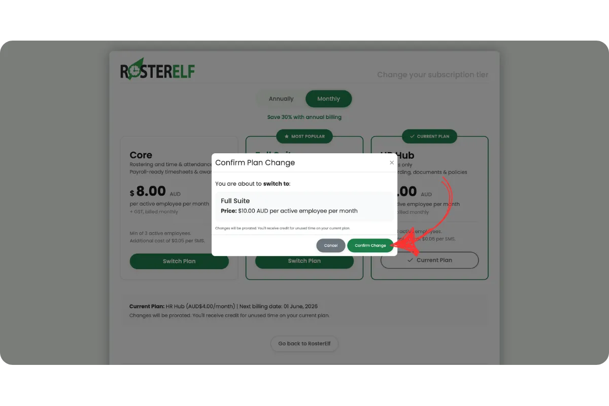 RosterElf Confirm Plan Change dialog showing the monthly subscription being upgraded to Full Suite at $10 AUD per active employee per month, with a prorated billing note and a green Confirm Change button