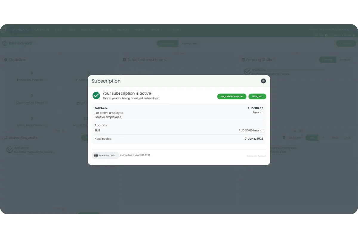 RosterElf Subscription modal confirming the monthly plan has been successfully upgraded to Full Suite at AUD $10 per active employee per month