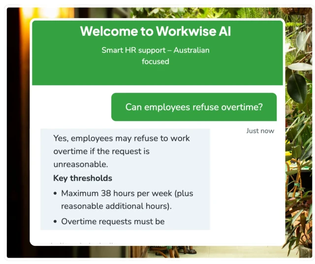 RosterElf Workwise AI answering an employment question about refusing overtime