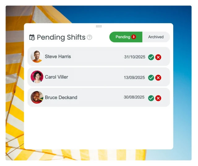 RosterElf pending shifts interface showing swap requests from Steve Harris, Carol Viller, and Bruce Deckand
