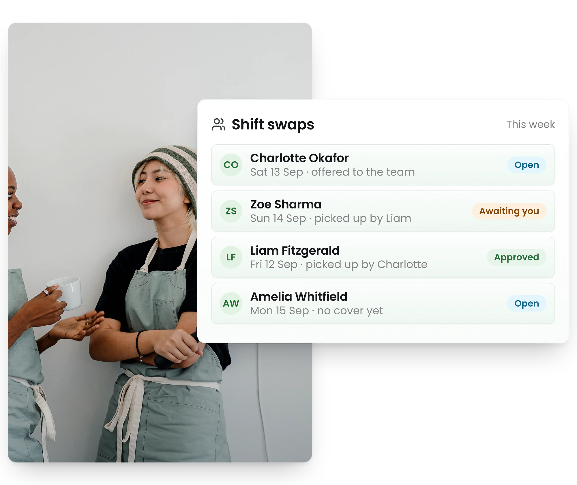 RosterElf shift swap workflow showing request, validate, approve, and update steps
