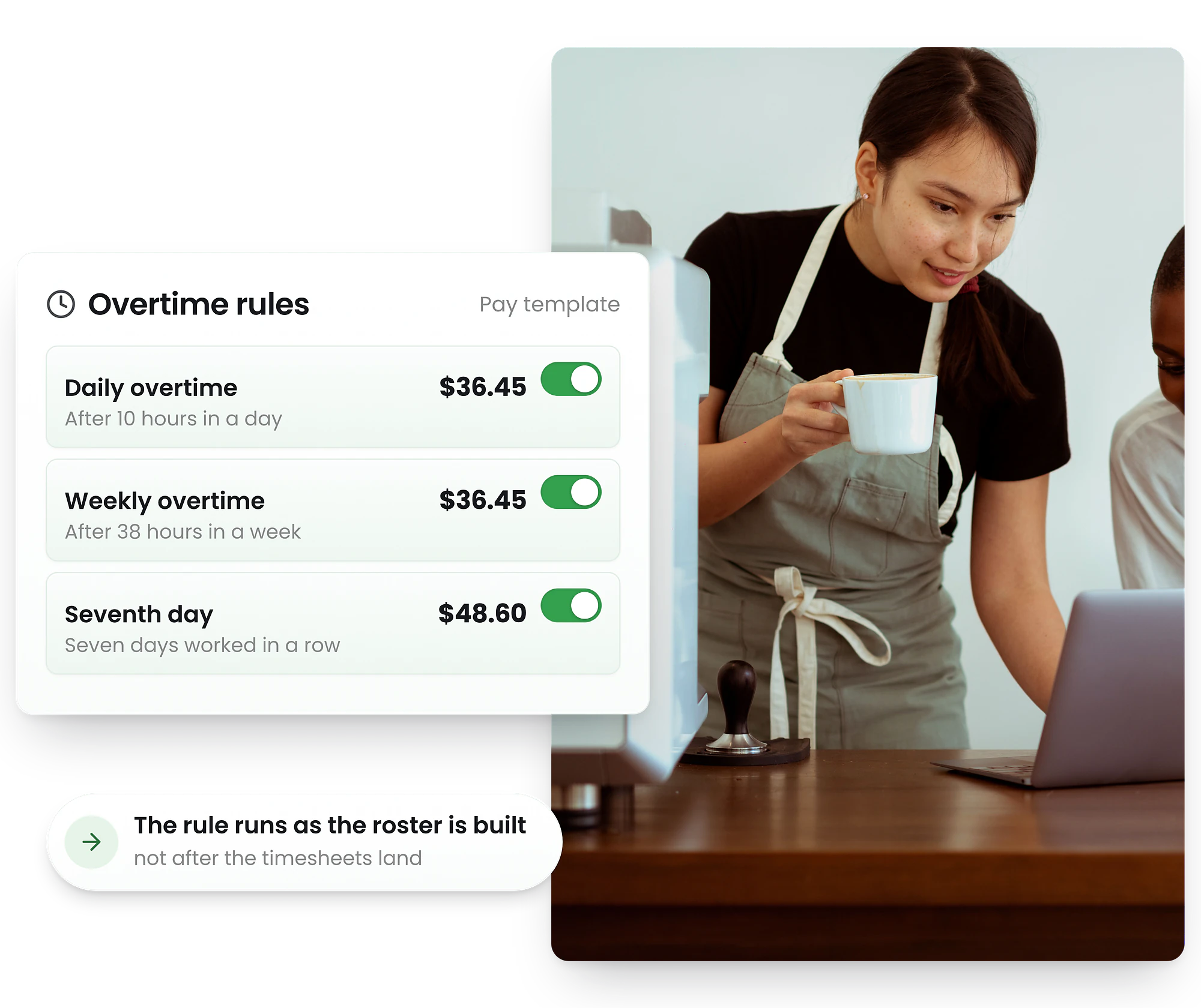 Barista with RosterElf automated staff scheduling interface