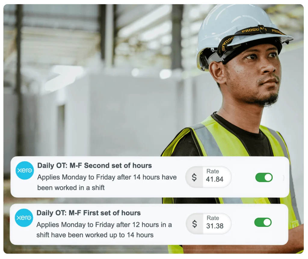 Pay rate builder showing daily overtime configuration with Xero integration