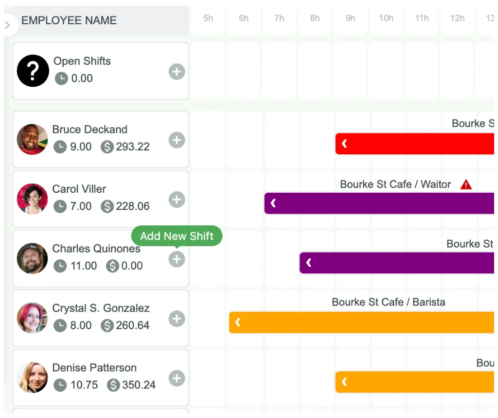 RosterElf rota showing real-time wage calculations per employee with shift costs