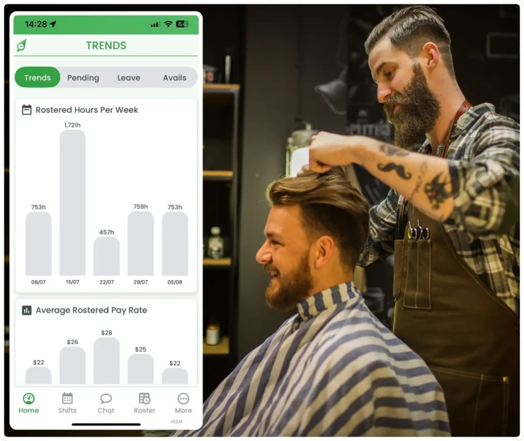 Barber shop workforce management software showing rostering interface