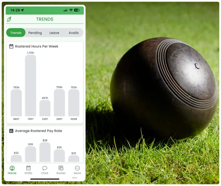 Bowls club workforce management software showing rostering interface