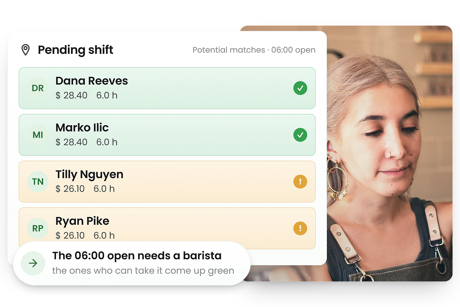 RosterElf pending shift screen showing which staff qualify for a 6am barista shift