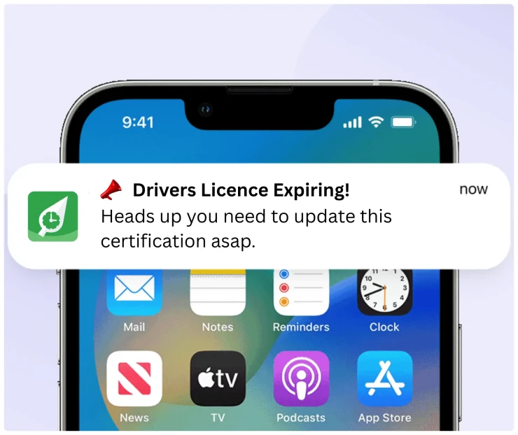 RosterElf phone alert warning that a staff member's driver licence is about to expire