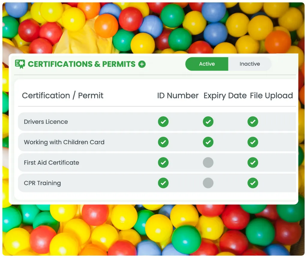 RosterElf certifications and permits tracking interface showing compliance status