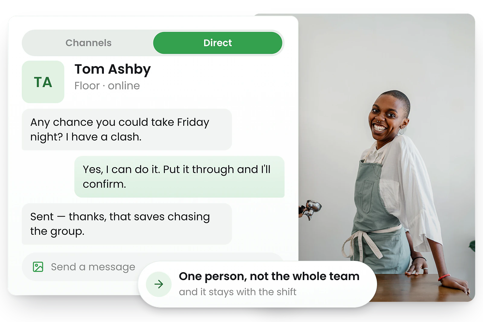 RosterElf direct message thread between two staff members arranging cover for a Friday night shift