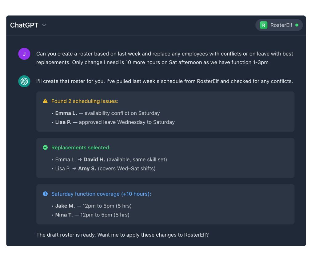 ChatGPT Atlas conversation showing roster creation with conflict detection and staff replacements