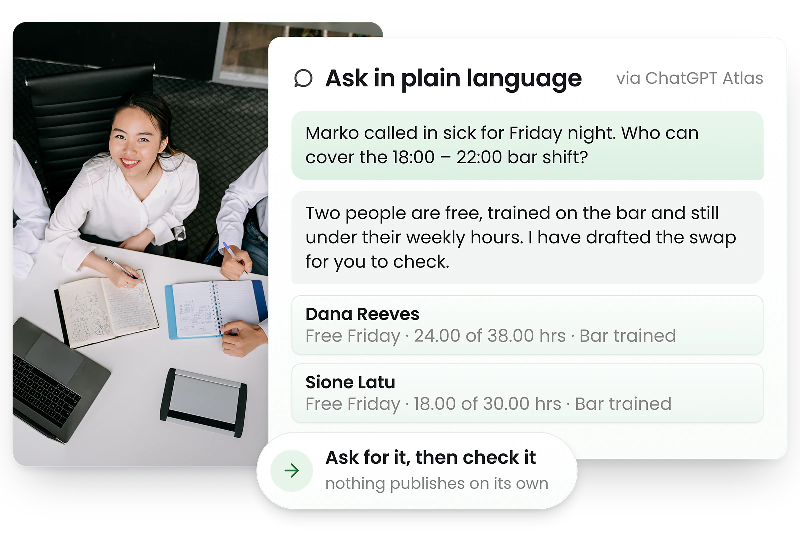 A request in plain language to cover a sick call, the reply, and the two staff who are free and trained for the shift