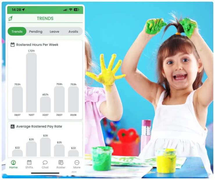 Childcare workforce management software showing rostering interface