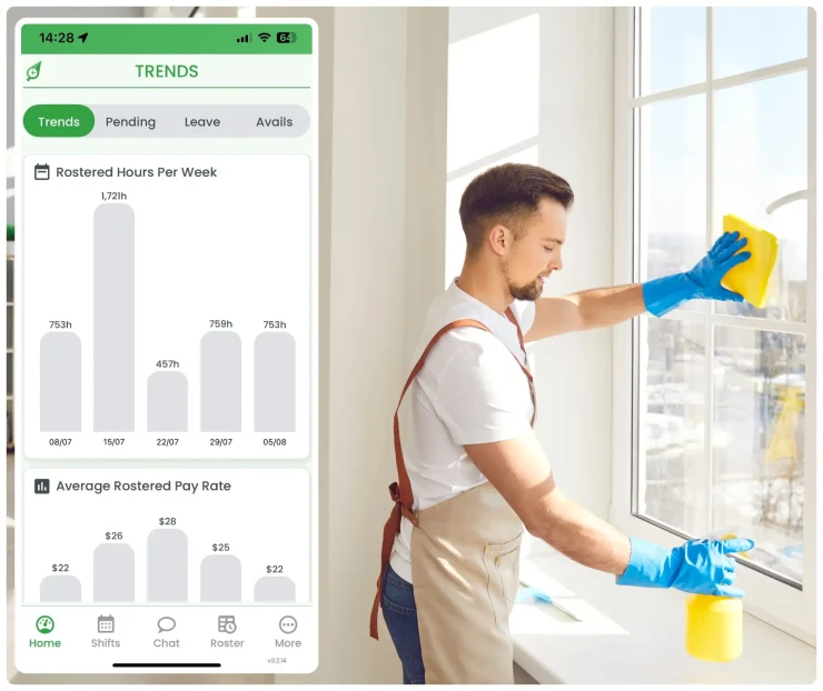 Cleaning workforce management software showing rostering interface